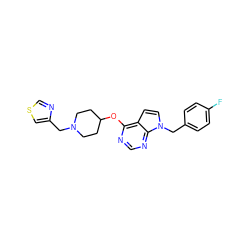 Fc1ccc(Cn2ccc3c(OC4CCN(Cc5cscn5)CC4)ncnc32)cc1 ZINC000084603116