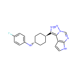 Fc1ccc(N[C@H]2CC[C@H](c3nnn4cnc5[nH]ccc5c34)CC2)cc1 ZINC001772657056