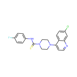 Fc1ccc(NC(=S)N2CCN(c3ccnc4cc(Cl)ccc34)CC2)cc1 ZINC000145957940