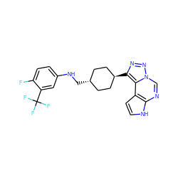 Fc1ccc(NC[C@H]2CC[C@H](c3nnn4cnc5[nH]ccc5c34)CC2)cc1C(F)(F)F ZINC001772611136