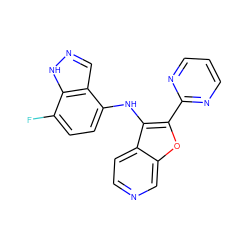 Fc1ccc(Nc2c(-c3ncccn3)oc3cnccc23)c2cn[nH]c12 ZINC000066074452