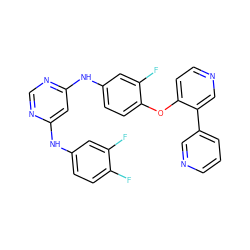 Fc1ccc(Nc2cc(Nc3ccc(Oc4ccncc4-c4cccnc4)c(F)c3)ncn2)cc1F ZINC001772622200