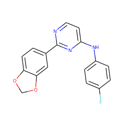 Fc1ccc(Nc2ccnc(-c3ccc4c(c3)OCO4)n2)cc1 ZINC000004239378