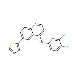 Fc1ccc(Nc2ccnc3ccc(-c4cncs4)cc23)cc1Cl ZINC000299852249