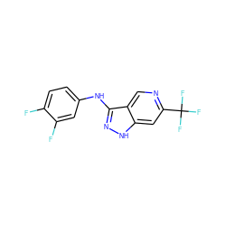 Fc1ccc(Nc2n[nH]c3cc(C(F)(F)F)ncc23)cc1F ZINC001772600185