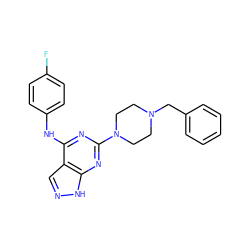 Fc1ccc(Nc2nc(N3CCN(Cc4ccccc4)CC3)nc3[nH]ncc23)cc1 ZINC000096928454