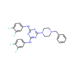 Fc1ccc(Nc2nc(Nc3ccc(F)c(F)c3)nc(N3CCN(Cc4ccccc4)CC3)n2)cc1F ZINC000028572089