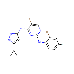 Fc1ccc(Nc2ncc(Br)c(Nc3cc(C4CC4)[nH]n3)n2)c(Br)c1 ZINC000203008089