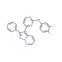 Fc1ccc(Nc2nccc(-c3c(-c4ccccc4)nn4ncccc34)n2)cc1F ZINC000013582659