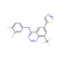 Fc1ccc(Nc2ncnc3c(C(F)(F)F)cc(-c4cncs4)cc23)cc1Cl ZINC000299852141