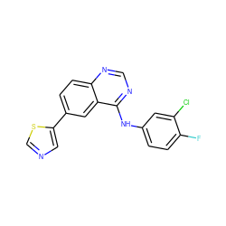 Fc1ccc(Nc2ncnc3ccc(-c4cncs4)cc23)cc1Cl ZINC000299852338