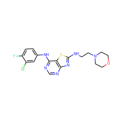 Fc1ccc(Nc2ncnc3nc(NCCN4CCOCC4)sc23)cc1Cl ZINC000040893276