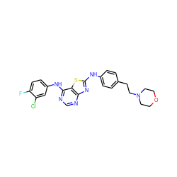 Fc1ccc(Nc2ncnc3nc(Nc4ccc(CCN5CCOCC5)cc4)sc23)cc1Cl ZINC000034874774