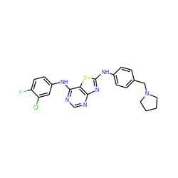 Fc1ccc(Nc2ncnc3nc(Nc4ccc(CN5CCCC5)cc4)sc23)cc1Cl ZINC000034874840