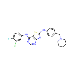 Fc1ccc(Nc2ncnc3nc(Nc4ccc(CN5CCCCC5)cc4)sc23)cc1Cl ZINC000034874773