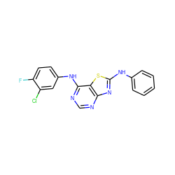 Fc1ccc(Nc2ncnc3nc(Nc4ccccc4)sc23)cc1Cl ZINC000040892017