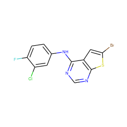 Fc1ccc(Nc2ncnc3sc(Br)cc23)cc1Cl ZINC000299864479