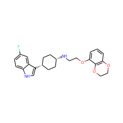 Fc1ccc2[nH]cc([C@H]3CC[C@@H](NCCOc4cccc5c4OCCO5)CC3)c2c1 ZINC000101000933