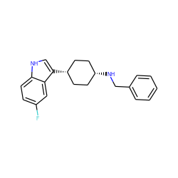 Fc1ccc2[nH]cc([C@H]3CC[C@@H](NCc4ccccc4)CC3)c2c1 ZINC000100890169