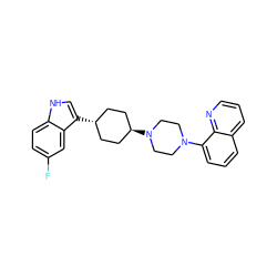 Fc1ccc2[nH]cc([C@H]3CC[C@H](N4CCN(c5cccc6cccnc56)CC4)CC3)c2c1 ZINC000101181587