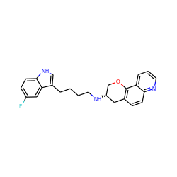 Fc1ccc2[nH]cc(CCCCN[C@@H]3COc4c(ccc5ncccc45)C3)c2c1 ZINC000028821570