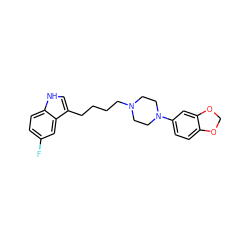 Fc1ccc2[nH]cc(CCCCN3CCN(c4ccc5c(c4)OCO5)CC3)c2c1 ZINC000013582481