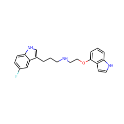 Fc1ccc2[nH]cc(CCCNCCOc3cccc4[nH]ccc34)c2c1 ZINC000013581106