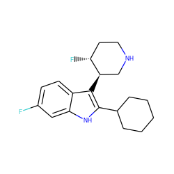 Fc1ccc2c([C@@H]3CNCC[C@H]3F)c(C3CCCCC3)[nH]c2c1 ZINC000013862747