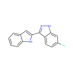 Fc1ccc2c(-c3cc4ccccc4[nH]3)n[nH]c2c1 ZINC000064560817