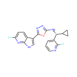 Fc1ccc2c(-c3nnc(N[C@@H](c4cccnc4F)C4CC4)o3)c[nH]c2n1 ZINC000103247497