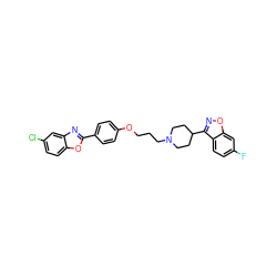 Fc1ccc2c(C3CCN(CCCOc4ccc(-c5nc6cc(Cl)ccc6o5)cc4)CC3)noc2c1 ZINC000473155994