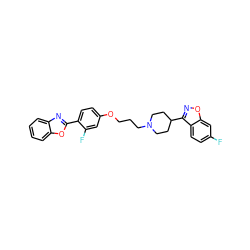 Fc1ccc2c(C3CCN(CCCOc4ccc(-c5nc6ccccc6o5)c(F)c4)CC3)noc2c1 ZINC000473156208