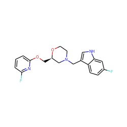 Fc1ccc2c(CN3CCO[C@H](COc4cccc(F)n4)C3)c[nH]c2c1 ZINC000653708479