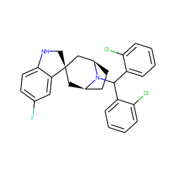 Fc1ccc2c(c1)[C@@]1(CN2)C[C@@H]2CC[C@H](C1)N2C(c1ccccc1Cl)c1ccccc1Cl ZINC000299821128