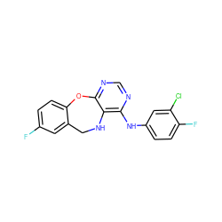 Fc1ccc2c(c1)CNc1c(Nc3ccc(F)c(Cl)c3)ncnc1O2 ZINC000028571126