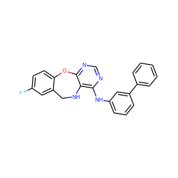 Fc1ccc2c(c1)CNc1c(Nc3cccc(-c4ccccc4)c3)ncnc1O2 ZINC000028571258