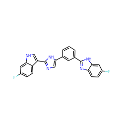 Fc1ccc2nc(-c3cccc(-c4cnc(-c5c[nH]c6cc(F)ccc56)[nH]4)c3)[nH]c2c1 ZINC001772582470