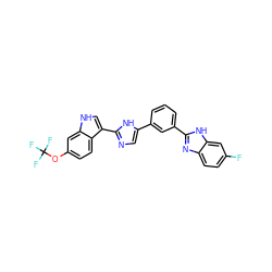 Fc1ccc2nc(-c3cccc(-c4cnc(-c5c[nH]c6cc(OC(F)(F)F)ccc56)[nH]4)c3)[nH]c2c1 ZINC001772571984