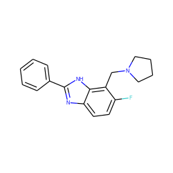 Fc1ccc2nc(-c3ccccc3)[nH]c2c1CN1CCCC1 ZINC000084604143