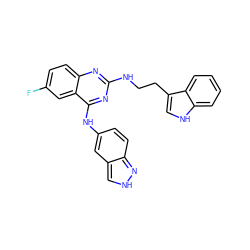 Fc1ccc2nc(NCCc3c[nH]c4ccccc34)nc(Nc3ccc4n[nH]cc4c3)c2c1 ZINC001772571949