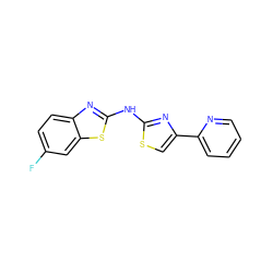 Fc1ccc2nc(Nc3nc(-c4ccccn4)cs3)sc2c1 ZINC000004061297