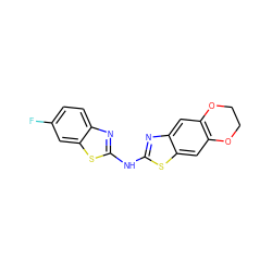 Fc1ccc2nc(Nc3nc4cc5c(cc4s3)OCCO5)sc2c1 ZINC000004137839