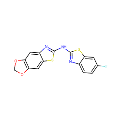 Fc1ccc2nc(Nc3nc4cc5c(cc4s3)OCO5)sc2c1 ZINC000004137817