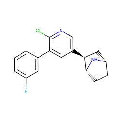 Fc1cccc(-c2cc([C@H]3C[C@@H]4CC[C@H]3N4)cnc2Cl)c1 ZINC000049784820