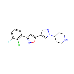 Fc1cccc(-c2cc(-c3cnn(C4CCNCC4)c3)on2)c1Cl ZINC000040413897