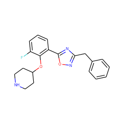 Fc1cccc(-c2nc(Cc3ccccc3)no2)c1OC1CCNCC1 ZINC000225200870