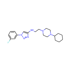 Fc1cccc(-n2cc(NCCN3CCN(C4CCCCC4)CC3)nn2)c1 ZINC000209669681