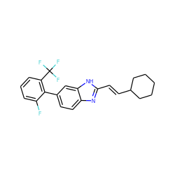 Fc1cccc(C(F)(F)F)c1-c1ccc2nc(/C=C/C3CCCCC3)[nH]c2c1 ZINC000073312910