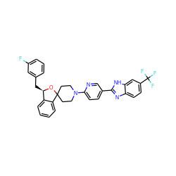 Fc1cccc(C[C@H]2OC3(CCN(c4ccc(-c5nc6ccc(C(F)(F)F)cc6[nH]5)cn4)CC3)c3ccccc32)c1 ZINC001772655137