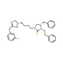 Fc1cccc(CC2=NC[C@H](CCCCN3C[C@H](Cc4ccccc4)N(CCc4ccccc4)C3=S)N2)c1 ZINC001772630870